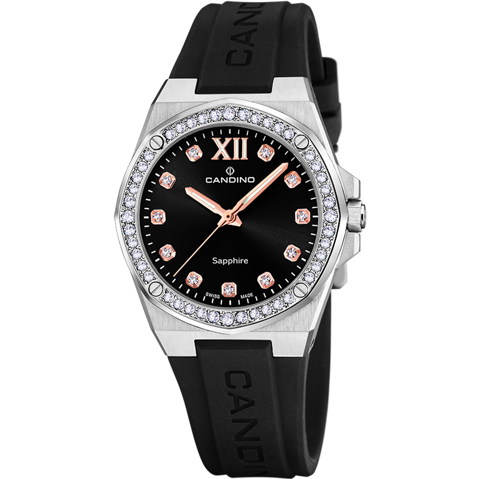 CANDINO SWISS WOMEN'S BLACK LADY CASUAL RUBBER WATCH BRACELET C4772/3