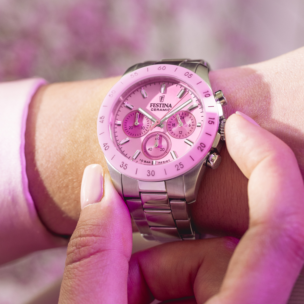 【稼働】 Festina フェスティナ クロノグラフ ギョーシェ調 ピンク文字盤 Festina women's pink watch F20693/2