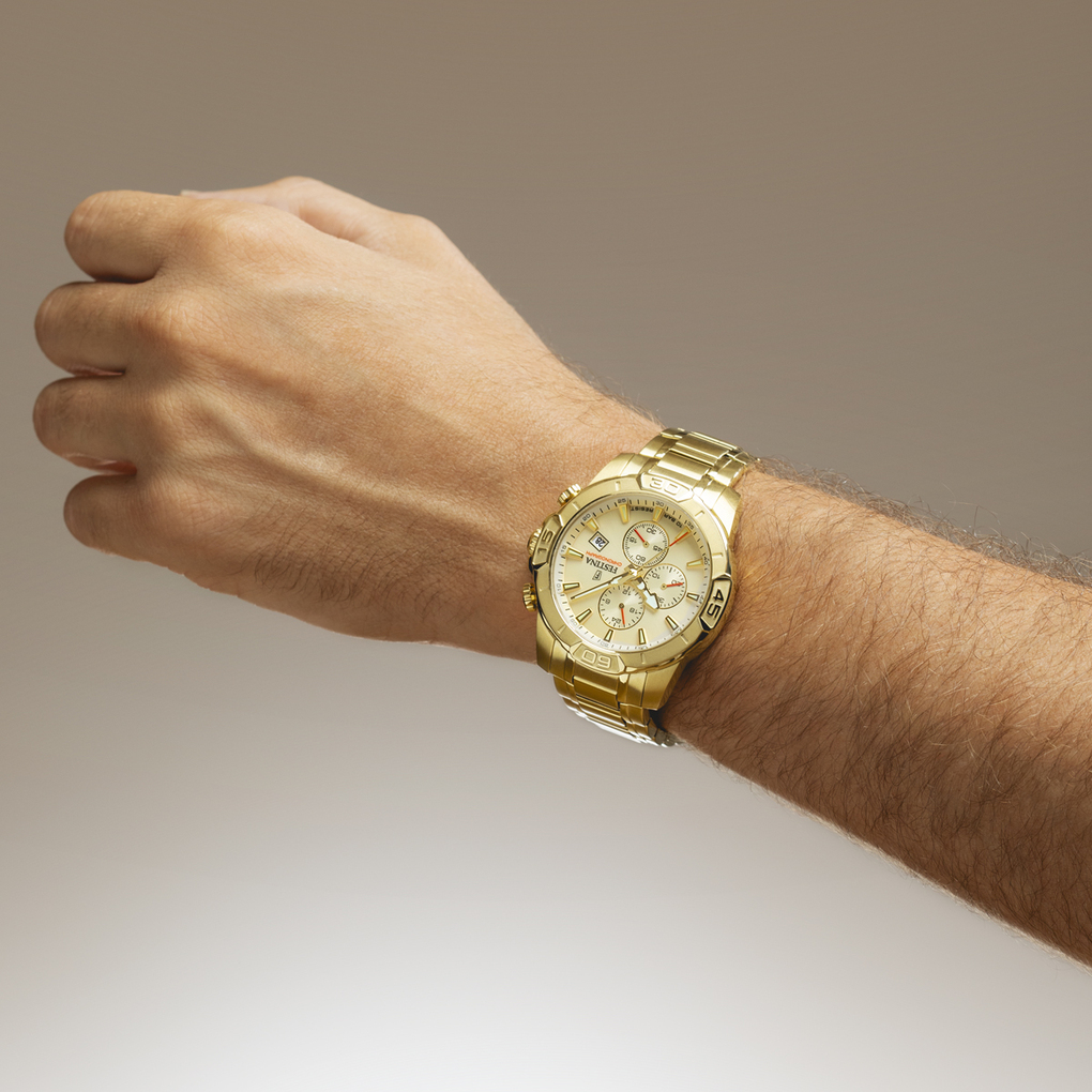 Festina Cronografo Uomo F20705/2 Timeless – Cassa Acciaio 316L Oro E Quadrante Beige, Cinturino Bicolore
