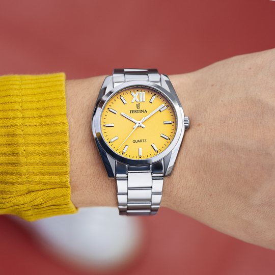 RELÓGIO FESTINA F20622/G AMARELO COM CORREIA DE AÇO INOXIDÁVEL 316L, MULHER.