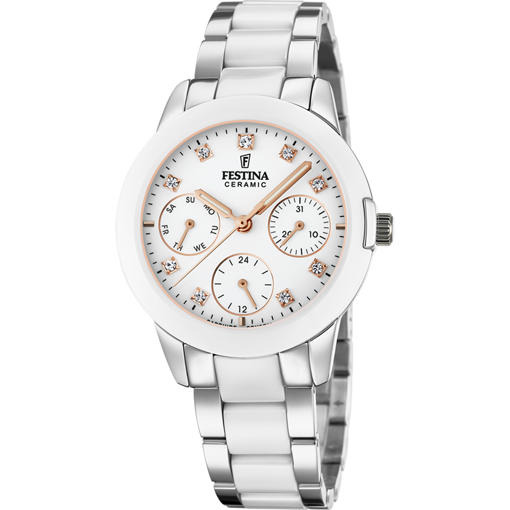 RELOJ FESTINA MUJER CAJA ACERO 37 MILÍMETROS ESFERA ROSA CON CIRCONITAS  BLANCAS Y DETALLES COBRES CADENA DE ACERO AJUSTABLE