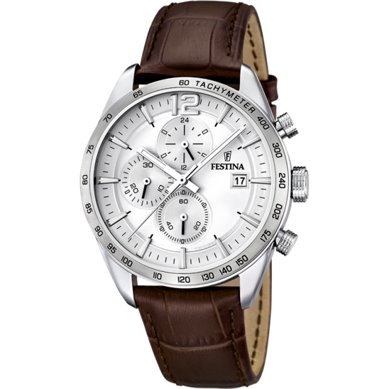 FESTINA TIMELESS CHRONOGRAPH WATCH F16760/1 SILVER LEATHER STRAP, MEN'S.