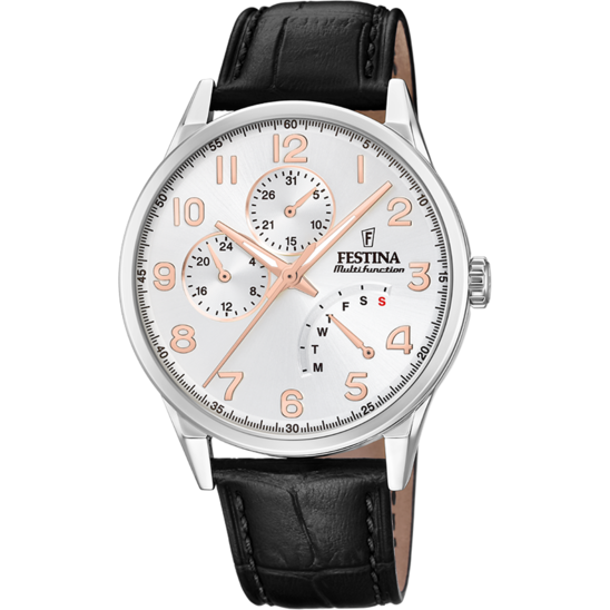 RELÓGIO FESTINA COLEÇÃO MULTIFUNCIONAL F20278/A PRATEADO COM PULSEIRA DE COURO, MASCULINO