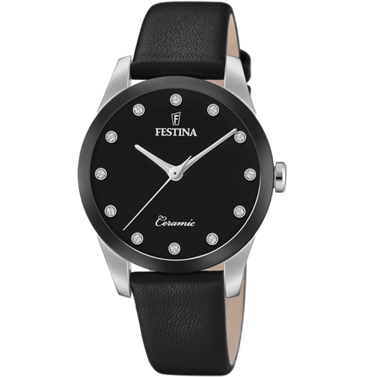 RELÓGIO FESTINA CERAMIC F20473/3 PRETO, PULSEIRA DE COURO, MULHER