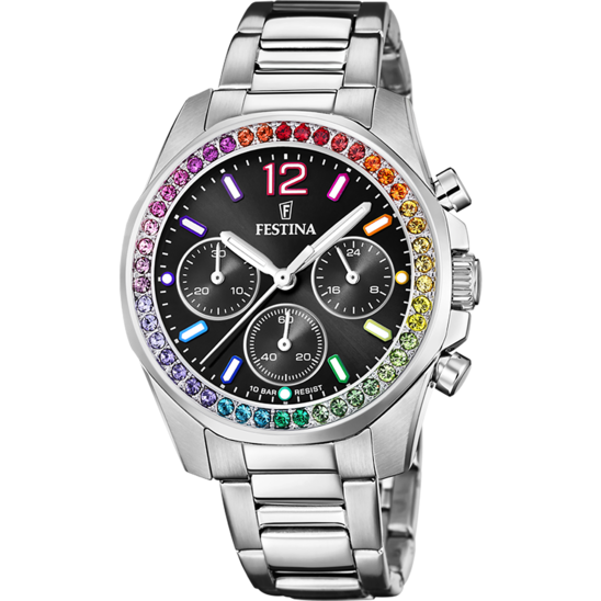 RELÓGIO FESTINA RAINBOW F20606/3 PRETO COM PULSEIRA DE AÇO, MULHER