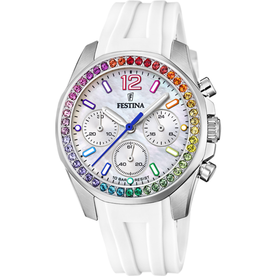 FESTINA DAMEN UHR BOYFRIEND RAINBOW F20610/2 PERLMUTT, KAUTSCHUK ARMBAND