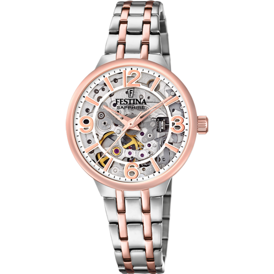 RELÓGIO FESTINA AUTOMÁTICO SKELETON F20615/1 COM CORREIA DE AÇO, MULHER.