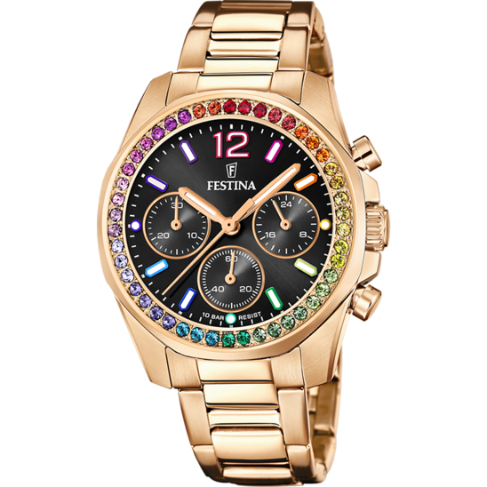 RELÓGIO FESTINA RAINBOW F20639/3 PRETO COM PULSEIRA DE AÇO, MULHER