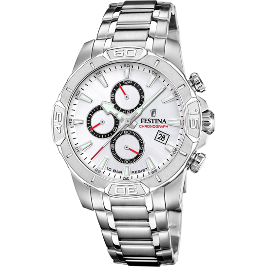 Montre Festina Timeless Chronograph F20704/1 Blanc, Bracelet D’ Acier Inoxydable, Homme