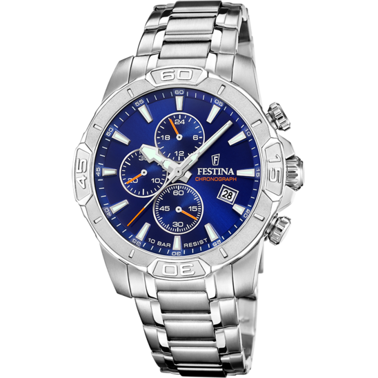 Montre Festina Timeless Chronograph F20704/2 Bleu, Bracelet D’ Acier Inoxydable, Homme