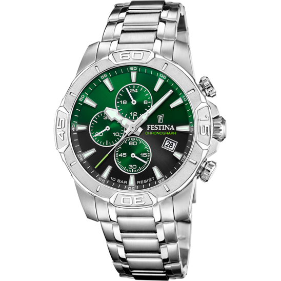 Montre Festina Timeless Chronograph F20704/5 Vert, Bracelet D’ Acier Inoxydable, Homme