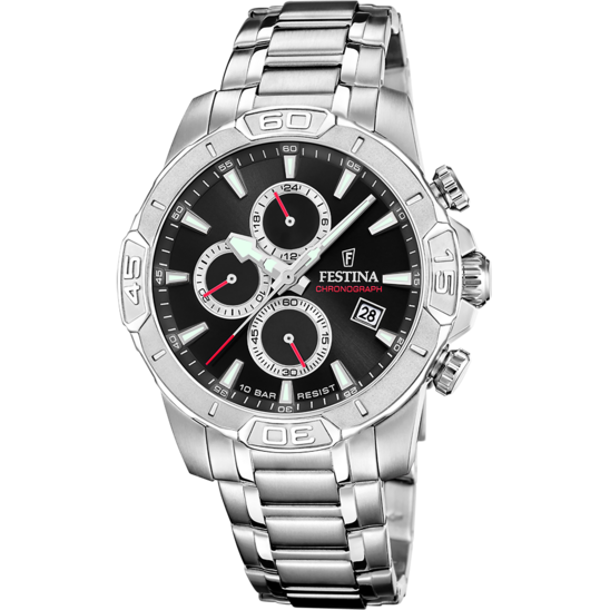 Montre Festina Timeless Chronograph F20704/6 Noir, Bracelet D’ Acier Inoxydable, Homme