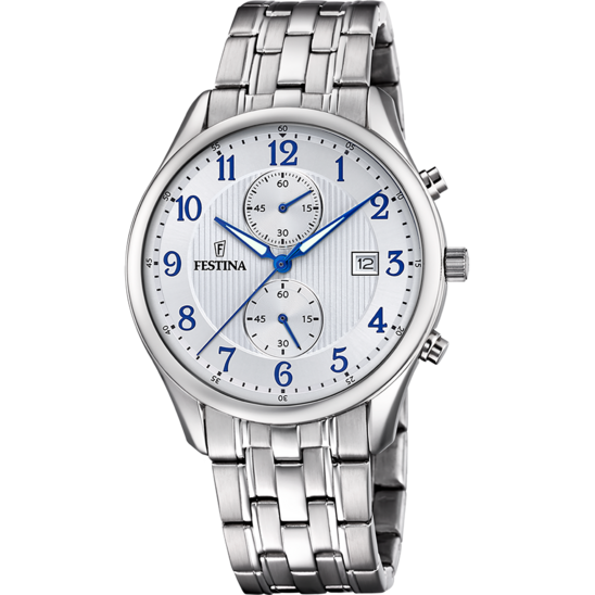 Montre Festina Timeless Chronograph F6854/a Blanc, Bracelet D’ Acier Inoxydable, Homme