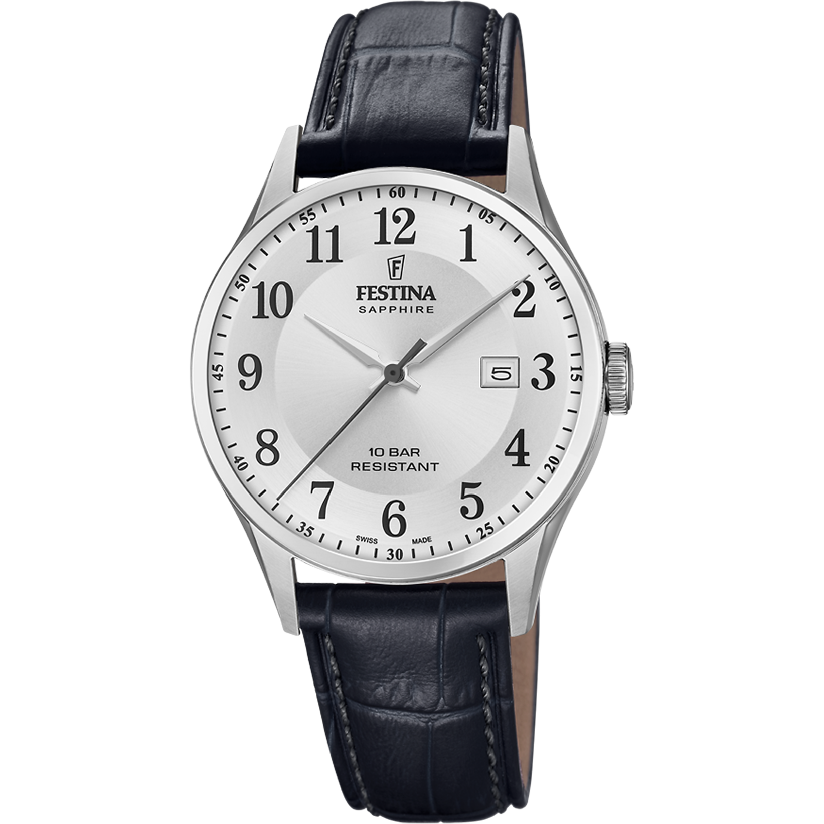 FESTINA SWISS MADE WATCH F20007/1 SILVER LEATHER STRAP, MEN'S