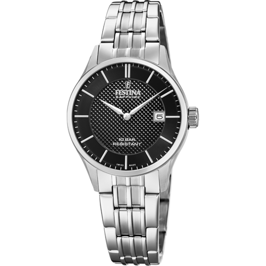 RELÓGIO FESTINA SWISS MADE F20006/4 PRETO COM CORREIA DE AÇO, MULHER.