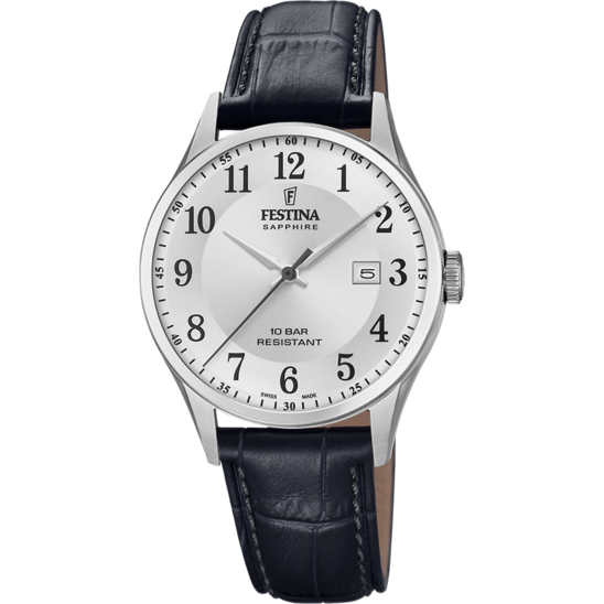 FESTINA SWISS MADE WATCH F20007/1 SILVER LEATHER STRAP, MEN'S