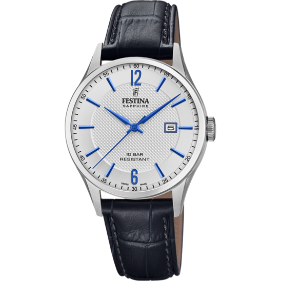 FESTINA SWISS MADE WATCH F20007/2 SILVER LEATHER STRAP, MEN'S