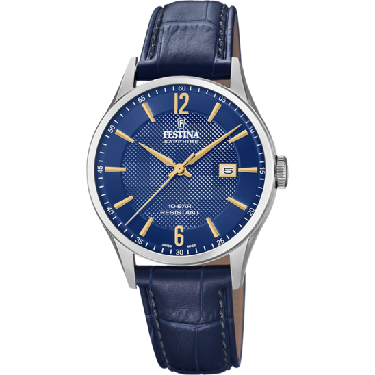 FESTINA SWISS MADE WATCH F20007 3 BLUE LEATHER STRAP MEN S