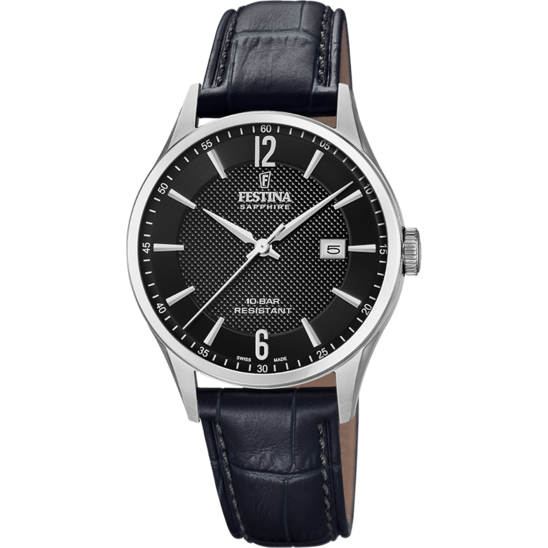 FESTINA SWISS MADE WATCH F20007/4 BLACK LEATHER STRAP, MEN'S