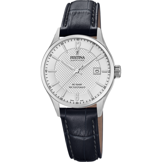 FESTINA SWISS MADE WATCH F20009/1 SILVER LEATHER STRAP, WOMEN'S