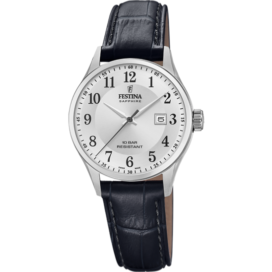 RELÓGIO FESTINA SWISS MADE F20009/5 PRATEADO CINZA COM CORREIA DE COURO, MULHER.