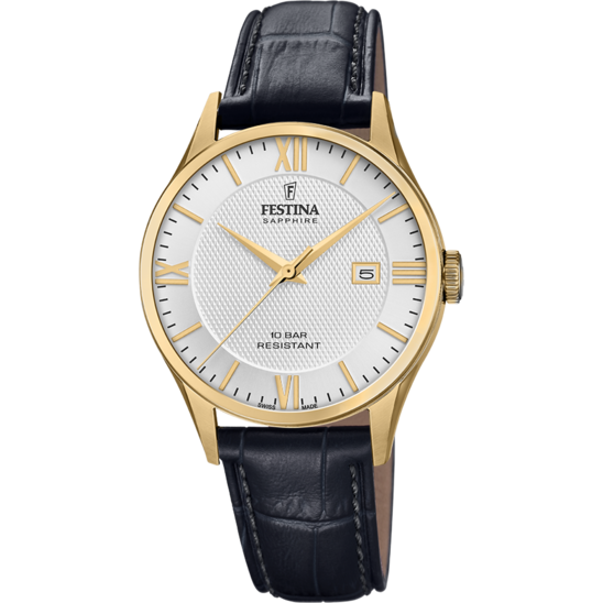 RELÓGIO FESTINA SWISS MADE F20010/2 PRATEADO COM CORREIA DE COURO, MASCULINO