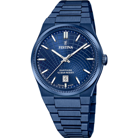 Reloj Festina Swiss Made F20078/a Azul Brazalete De Acero, Hombre