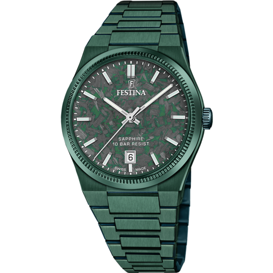 Reloj Festina Swiss Made F20079/b Verde Brazalete De Acero, Hombre