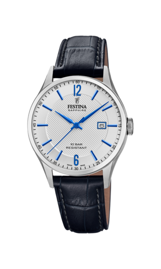 FESTINA SWISS MADE WATCH F20007/2 SILVER LEATHER STRAP, MEN'S