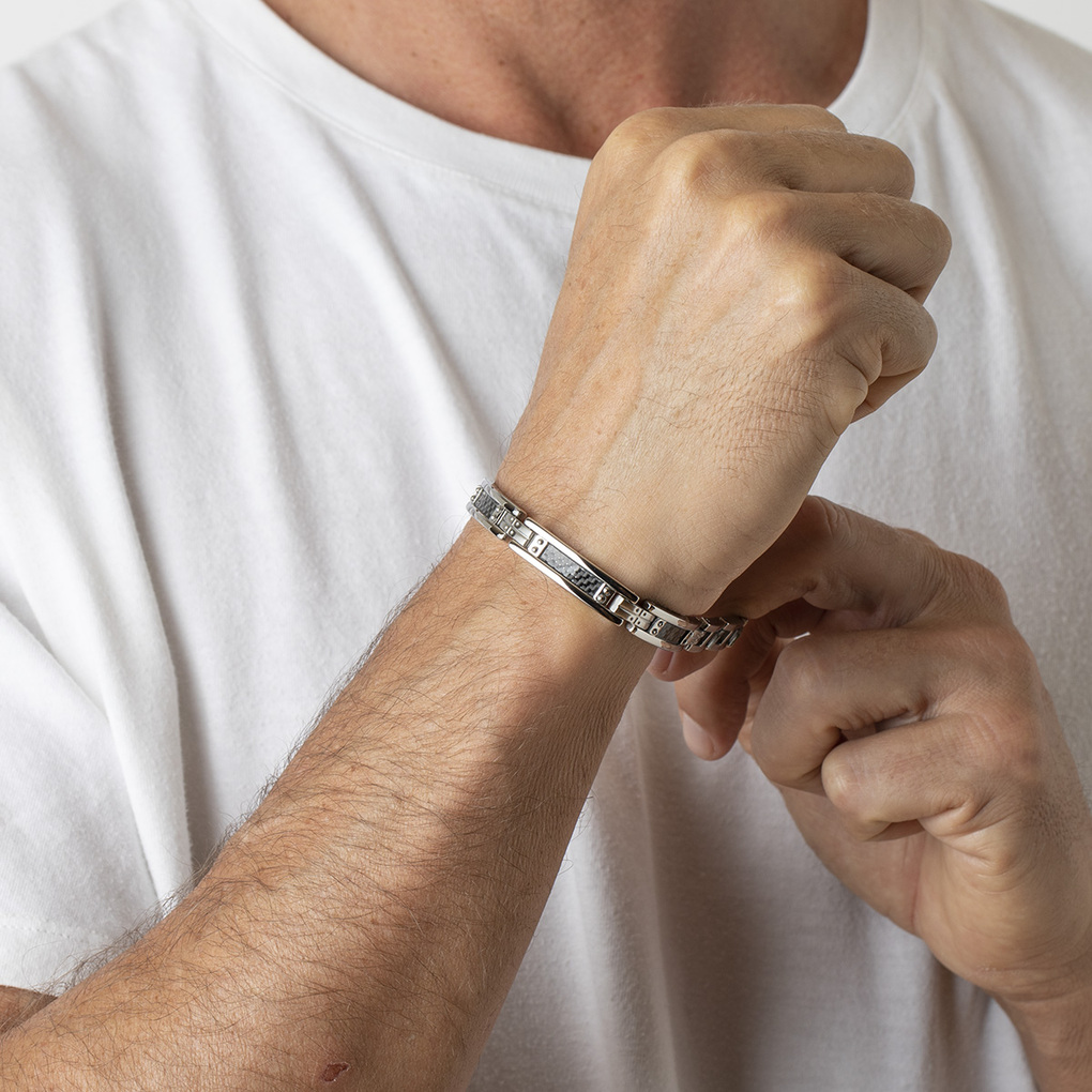 Bracelet De Fiançailles Homme Acier Damas & Cuivre - Fait Main Motif Géométrique - Sur Commande
