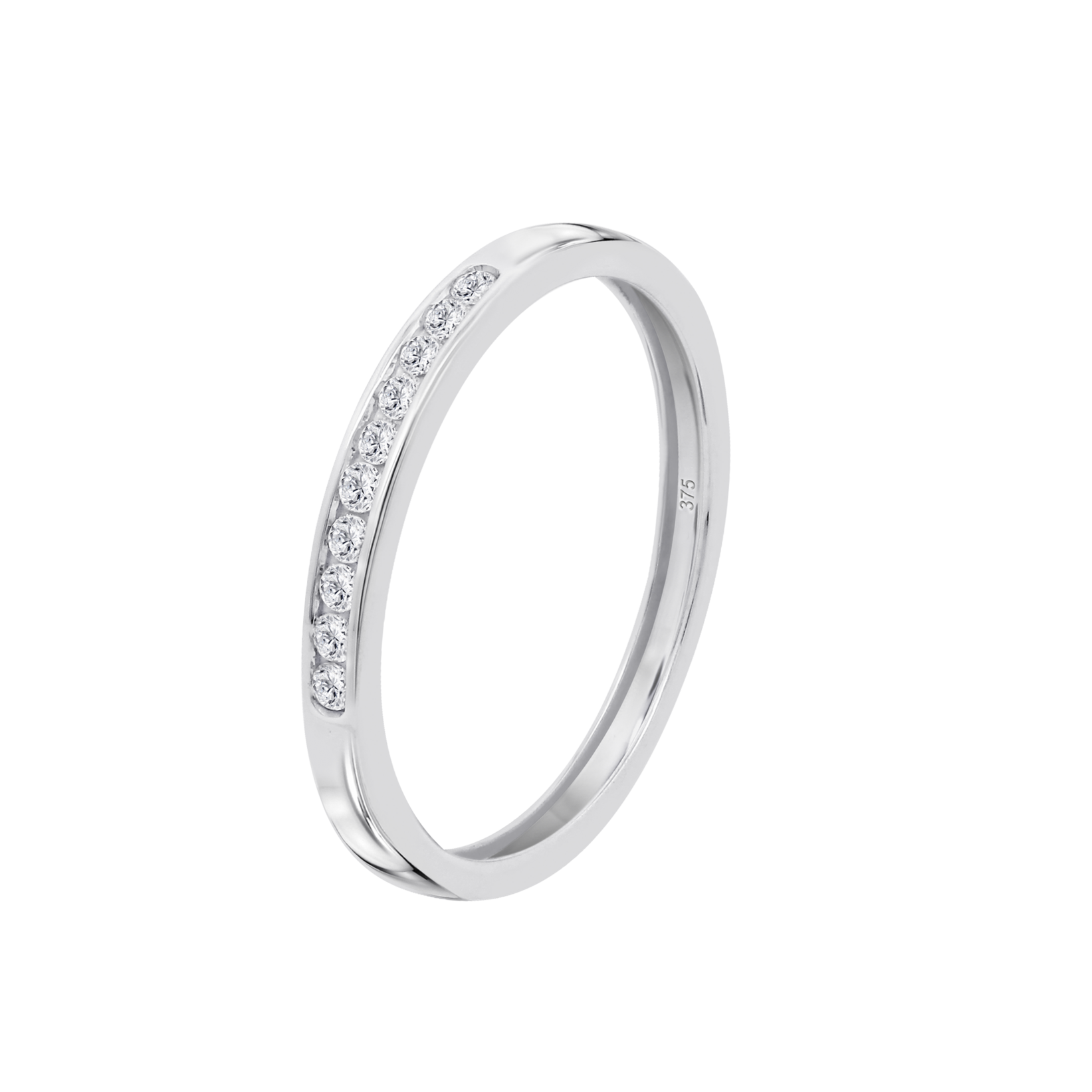 ANEL DE MEIA ALIANÇA COM DIAMANTES EM OURO BRANCO DE 9 QUILATES, image size:1643x1643