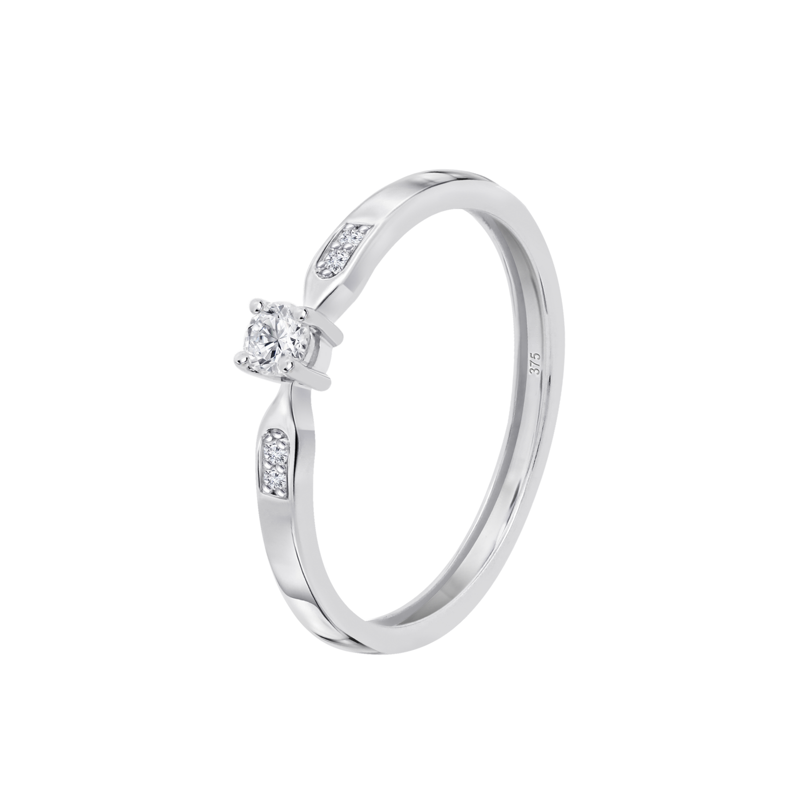 ANEL SOLITÁRIO ACOMPANHADO DE DETALHES DE DIAMANTES EM OURO BRANCO DE 9  QUILATES, image size:1643x1643