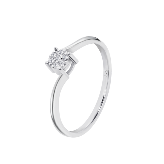 Anillo Solitario Con Cluster De Diamantes En Oro Blanco De 9 Quilates