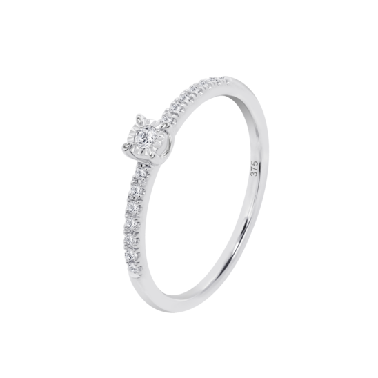 Anillo Solitario Con Banda Pavé De Diamantes En Oro Blanco De 9 Quilates